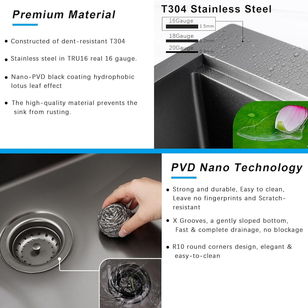 28 x 22 inch Drop In Kitchen Sink, Gunmetal Black Drop In Workstation Sink 16 Gauge Topmount Stainless Steel Single Bowl Kitchen Sink with Ledge and Accessories