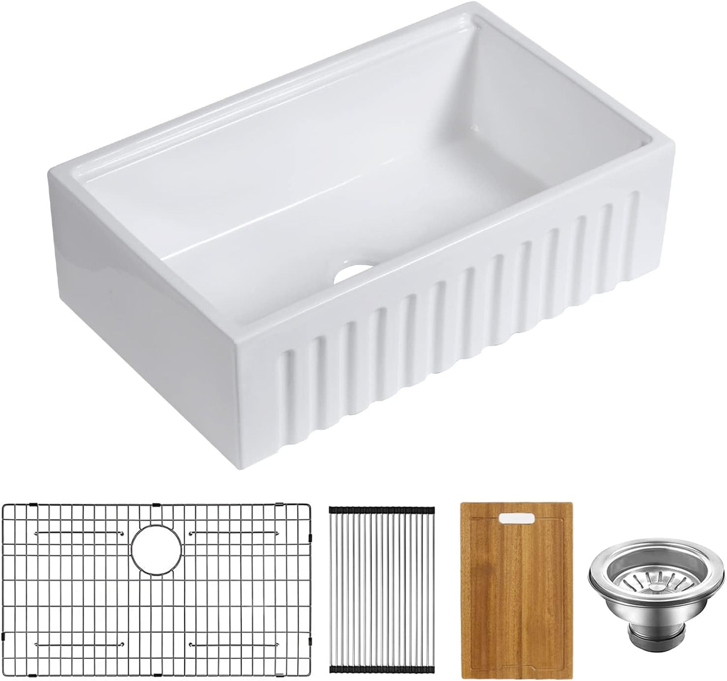 33" x 20" x 10" White Farmhouse Sink, Fireclay Porcelain Single Bowl Apron-Front Workstation Sink, Reversible Ceramic Farm Sink with various accessories