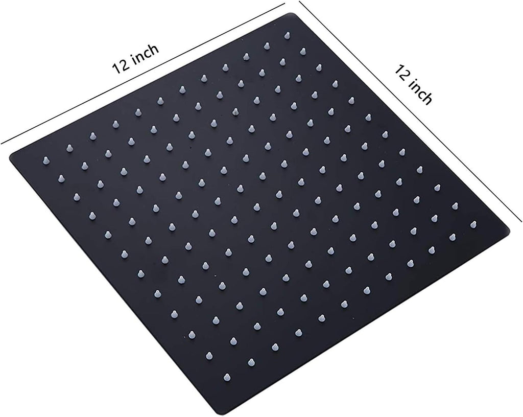12 Inch Black Rain Shower Head, Square Ultra Thin 304 Stainless Steel High Pressure Shower Head