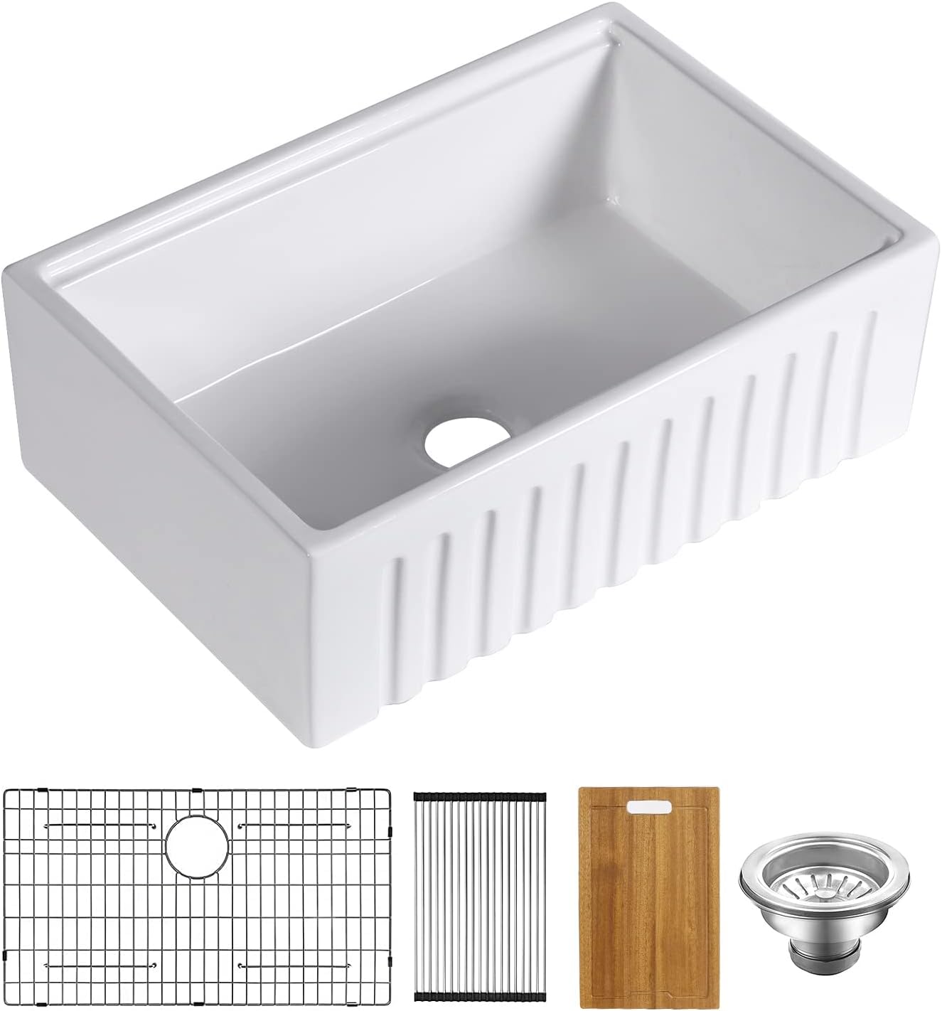 30" x 20" x 10" White Farmhouse Sink, Fireclay Porcelain Single Bowl Apron-Front Workstation Sink, Reversible Ceramic Farm Sink with various