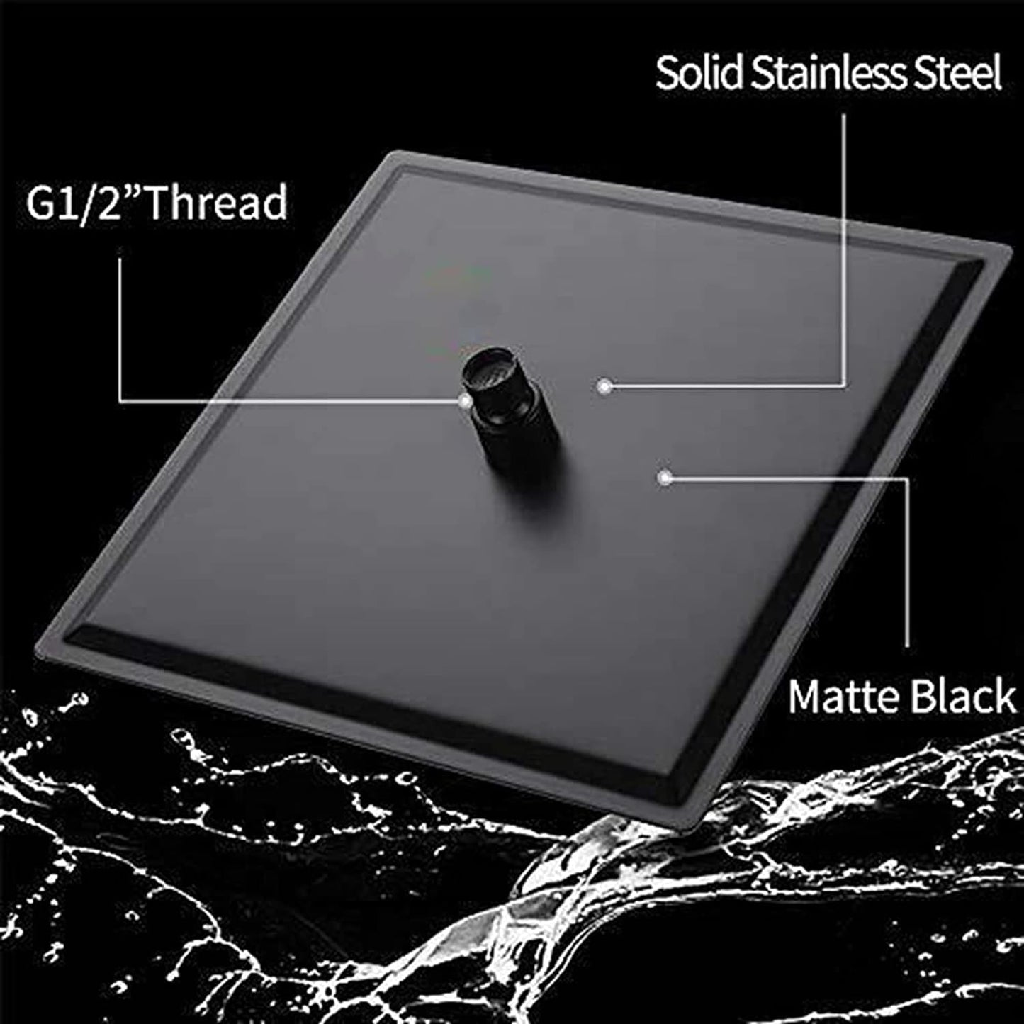 12 Inch Black Rain Shower Head, Square Ultra Thin 304 Stainless Steel High Pressure Shower Head