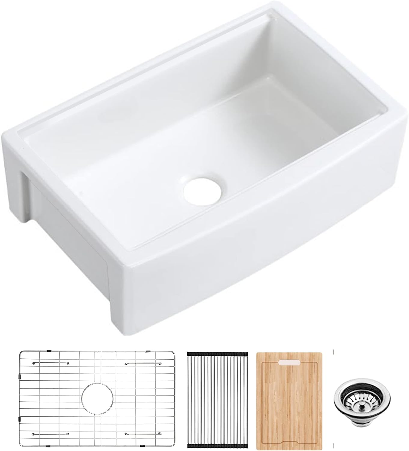 33" x 21" Workstation Apron Front Farm Kitchen Sink White Ceramic Porcelain Single Bowl Farm Sink Extra Deep Wide Curved Front Undermount Farm Sinks