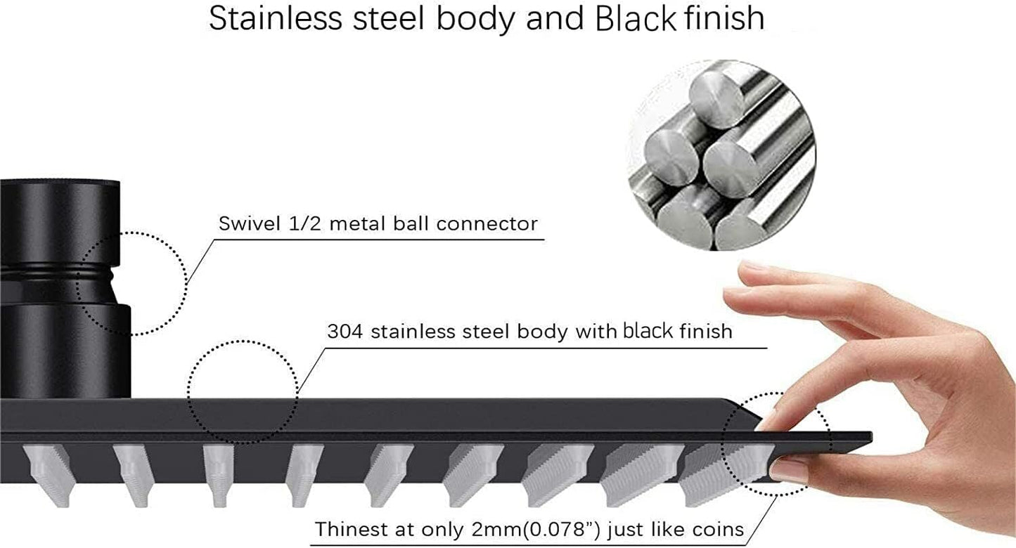 12 Inch Black Rain Shower Head, Square Ultra Thin 304 Stainless Steel High Pressure Shower Head