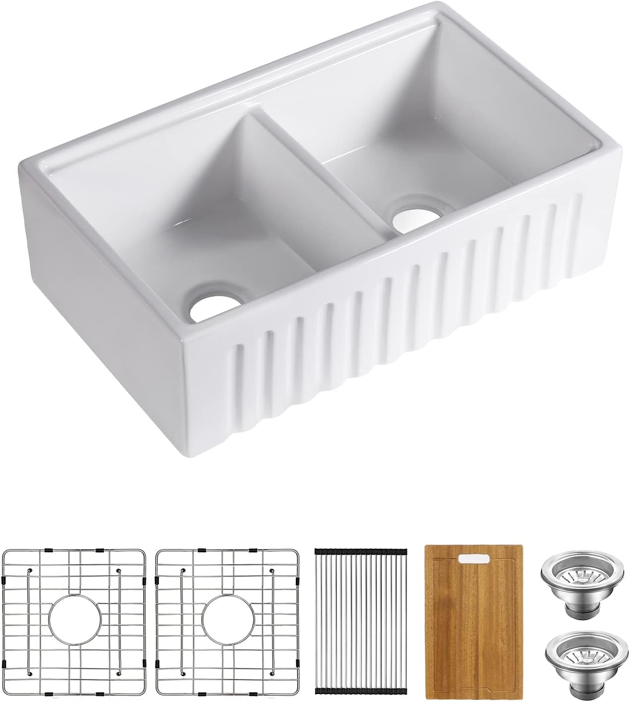 33" x 20" x 10" Double Bowl White Farmhouse Sink, Porcelain Fireclay Ceramic Apron-Front Kitchen Sink, Farm Sink with various accessories