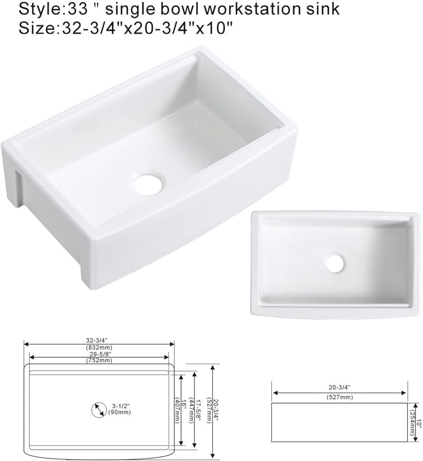 33" x 21" Workstation Apron Front Farm Kitchen Sink White Ceramic Porcelain Single Bowl Farm Sink Extra Deep Wide Curved Front Undermount Farm Sinks