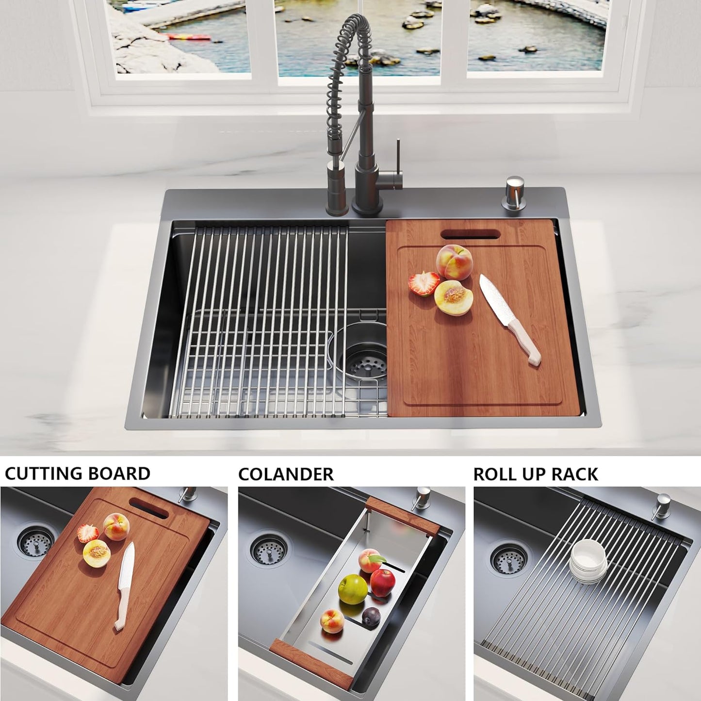 28 x 22 inch Drop In Kitchen Sink, Gunmetal Black Drop In Workstation Sink 16 Gauge Topmount Stainless Steel Single Bowl Kitchen Sink with Ledge and Accessories