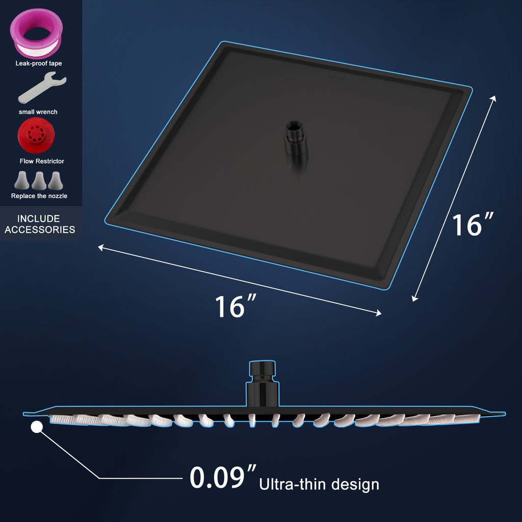 16" Matte Black Rain Shower Head — Ultra-Thin 304 Stainless Steel with 360° Adjustment