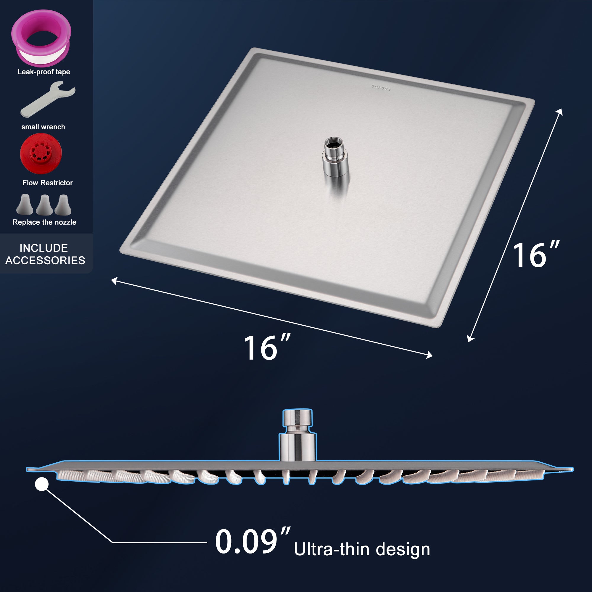 16" Brushed Nickel Rain Shower Head — Ultra-Thin 304 Stainless Steel with 360° Adjustment