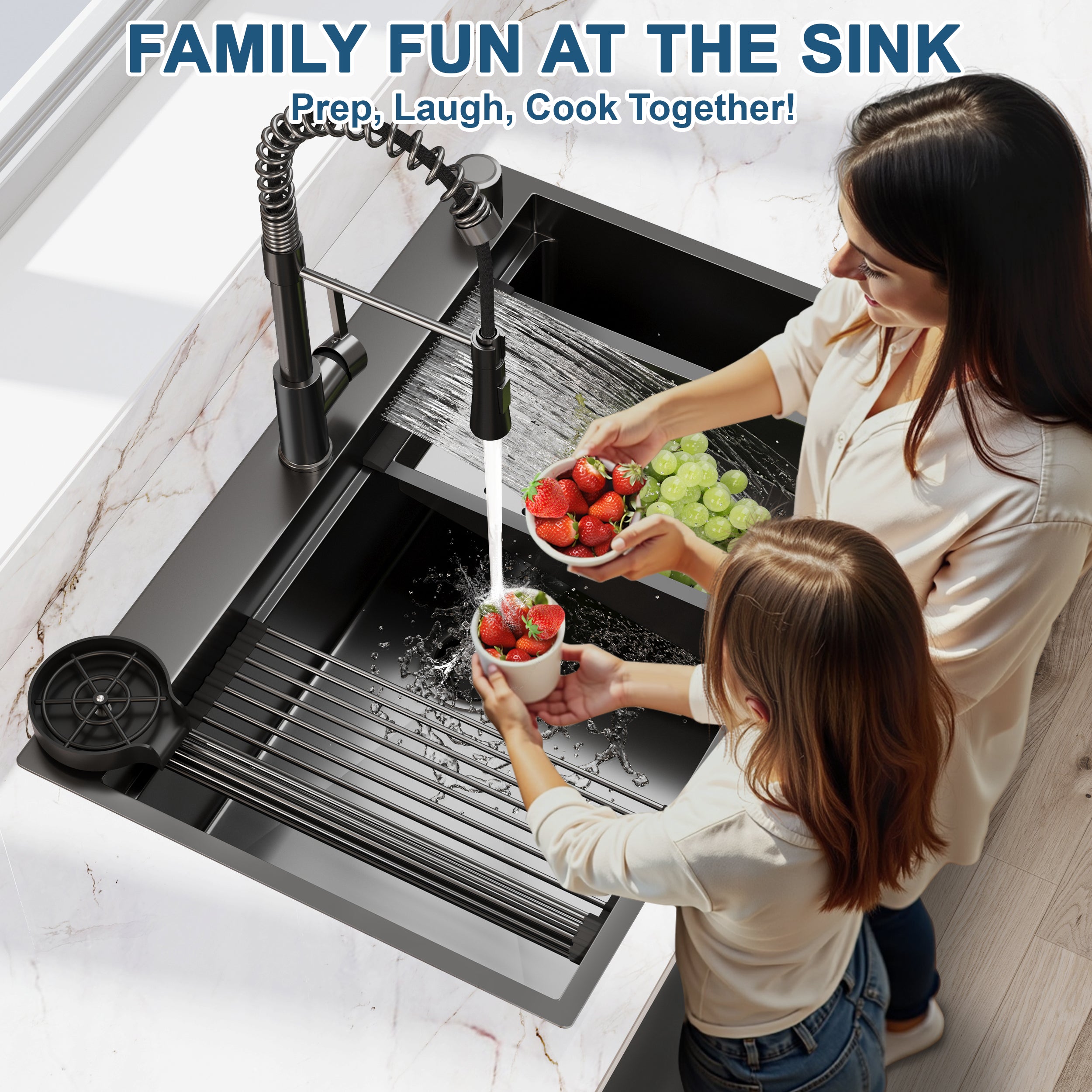33"x22"x9" Gunmetal Black Waterfall Kitchen Sink with Pull Out Faucet, Drop-in Single Bowl Modern Workstation with Accessories