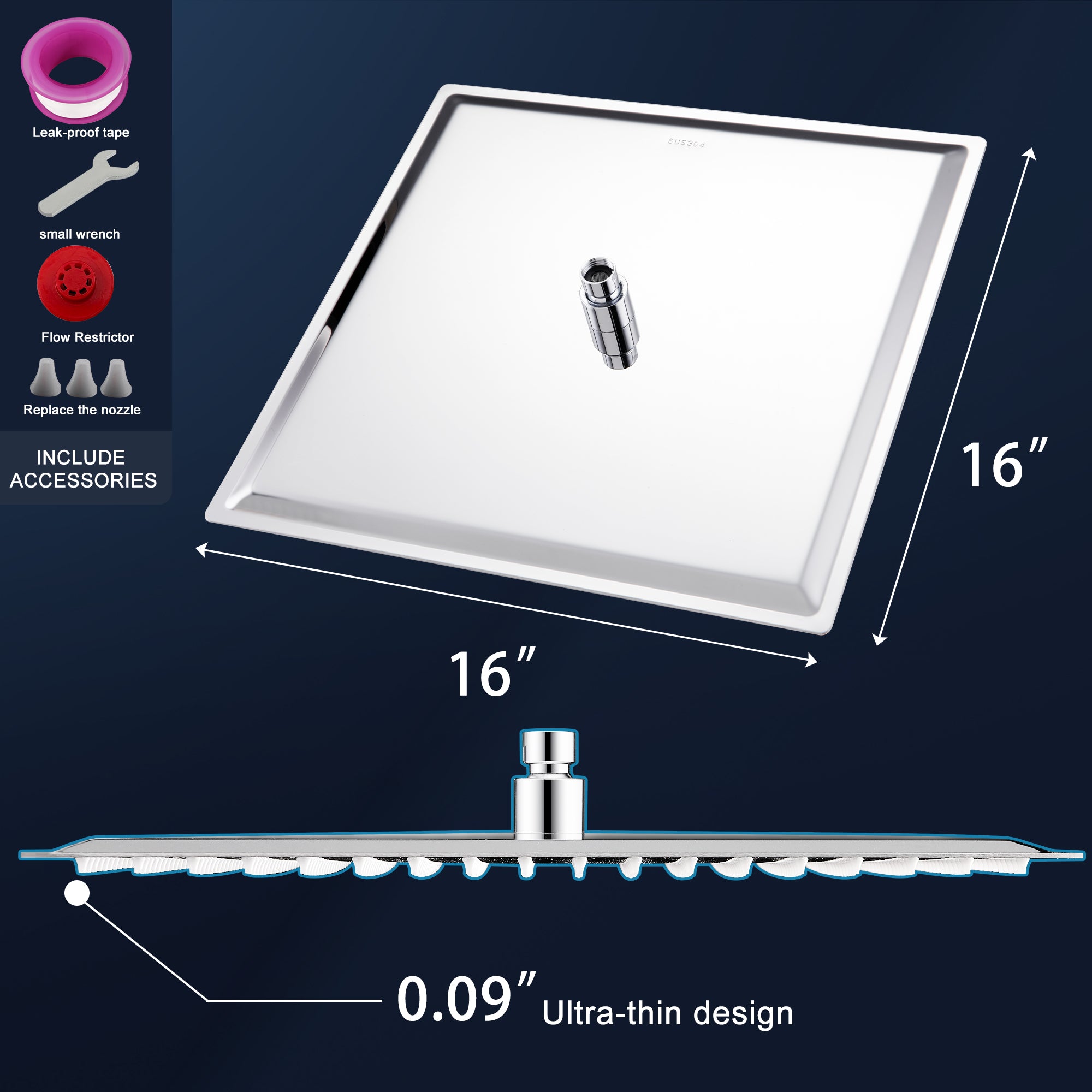 16" Chrome Rain Shower Head — Ultra-Thin 304 Stainless Steel with 360° Adjustment