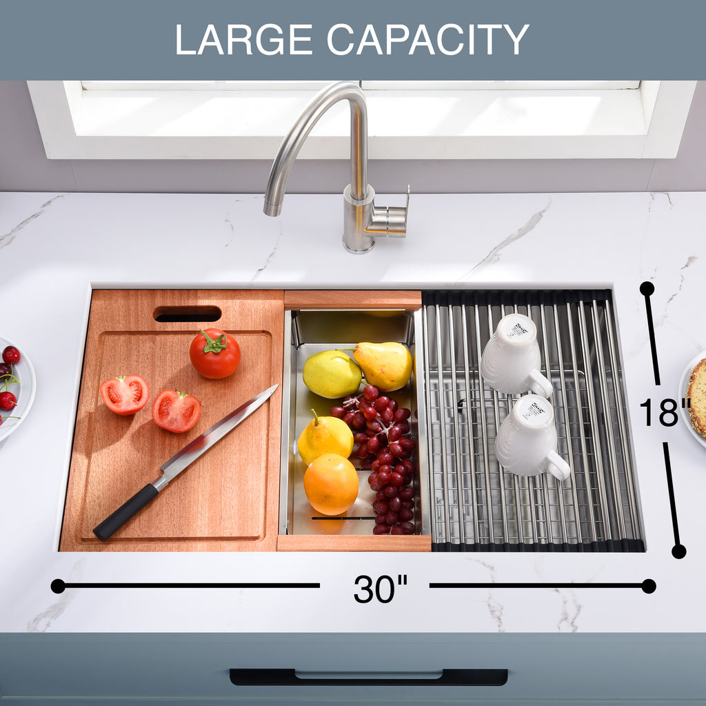 30"x18"x9" Undermount Kitchen Sink, 18 Gauge Stainless Steel Workstation Sink with R10 Radius Corner, Single Bowl with Cutting Board, Colander & Drying Rack