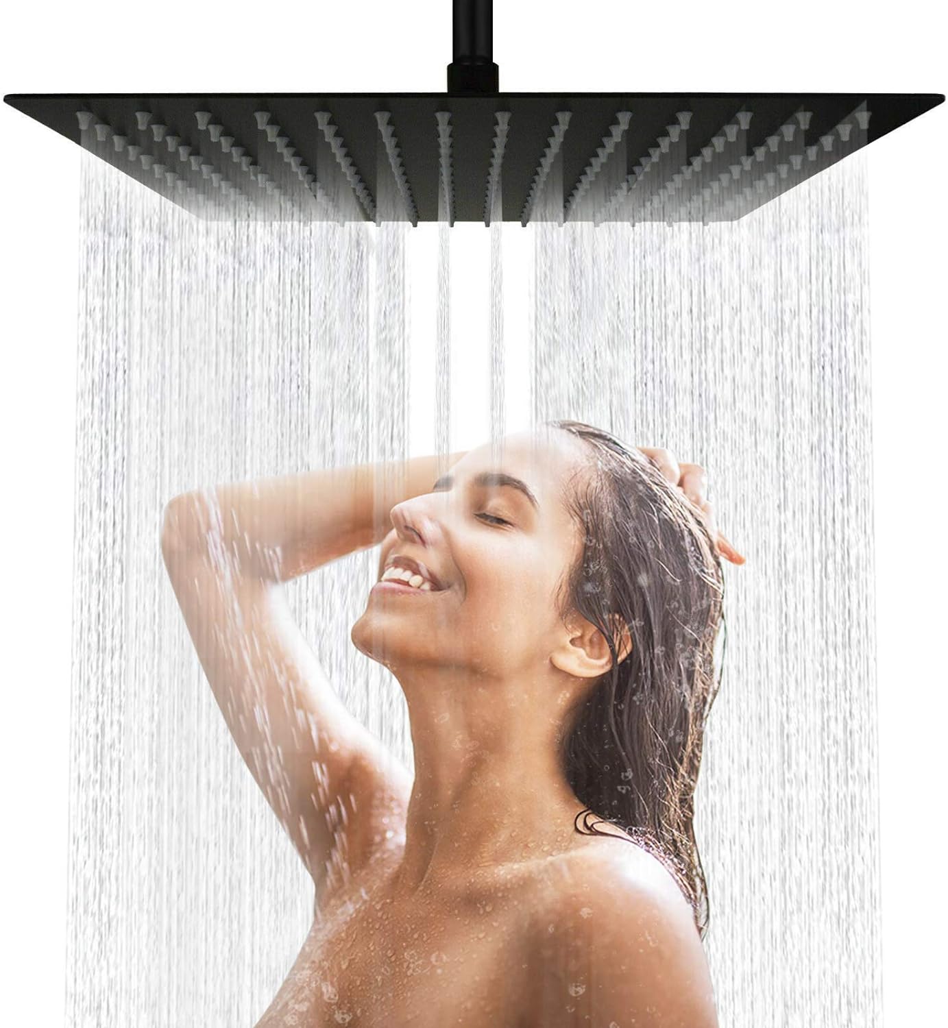 12 Inch Black Rain Shower Head, Square Ultra Thin 304 Stainless Steel High Pressure Shower Head