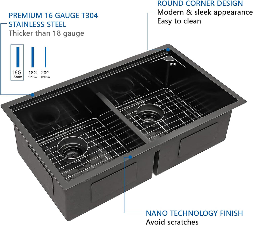 33" x 19" Black Undermount 50/50 Double Bowl Kitchen Sink,Gunmetal Black Undermount Workstation, Stainless Steel 16 Gauge Kitchen Sink and Accessories