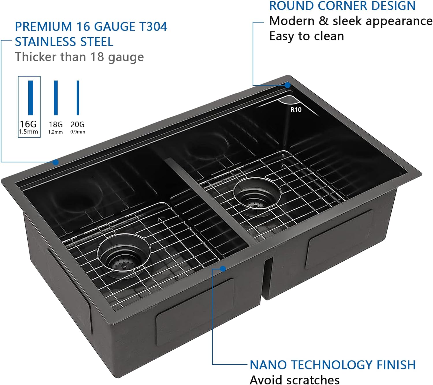 33" x 19" Black Undermount 50/50 Double Bowl Kitchen Sink,Gunmetal Black Undermount Workstation, Stainless Steel 16 Gauge Kitchen Sink and Accessories