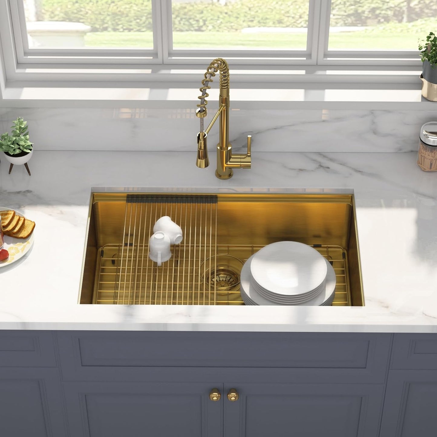 30" x 19" Gold Undermount Workstation Kitchen Sink, 16 Gauge R10 Tight Radius Stainless Steel Single Bowl Kitchen Sink with Integrated Ledge and Accessories