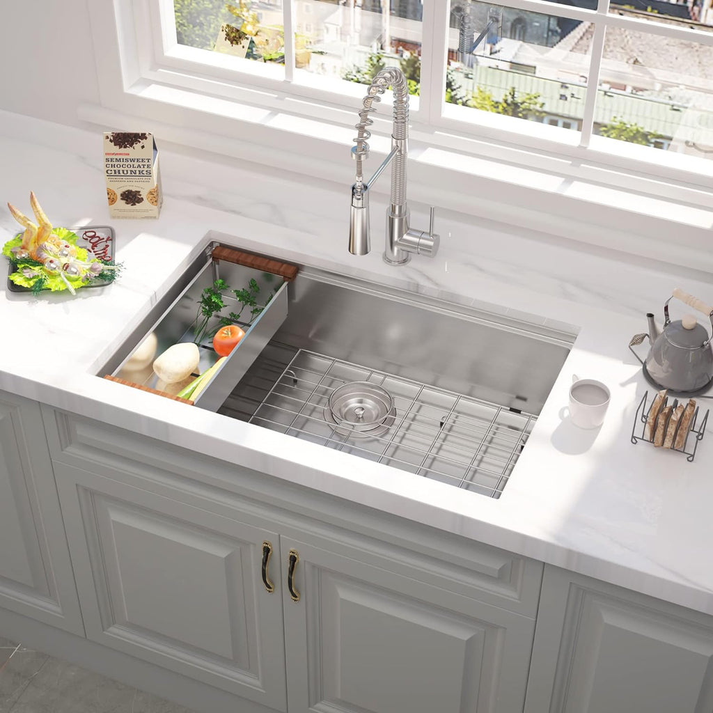 32" x 19" Undermount Workstation Kitchen Sink, Handmade Stainless Steel 18 Gauge Single Bowl R10 Tight Radius Kitchen Sink Integrated Ledge and Accessories (Pack of 5), 32"x19"