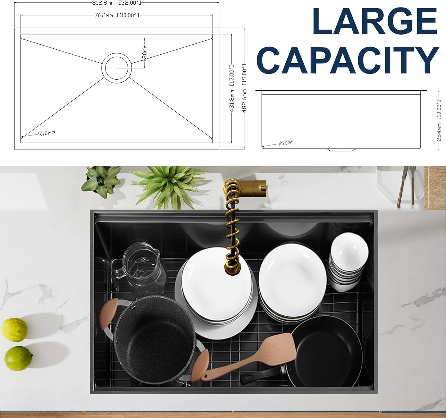 32" x 19" Gunmetal Black Stainless Steel Undermount Kitchen Sink, 32x19 Handmade 16 Gauge Single Bowl Workstation Sink, 10 Inch Deep Kitchen Sink is equipped with various accessories