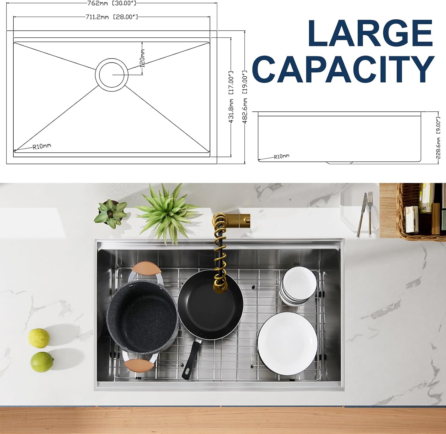 30" x 19" Workstation Undermount Kitchen Sink, Modern Handmade Stainless Steel Kitchen Sink 18 Gauge with Ledge, R10 Radius Corners Single Bowl Kitchen Sinks is equipped with various accessories