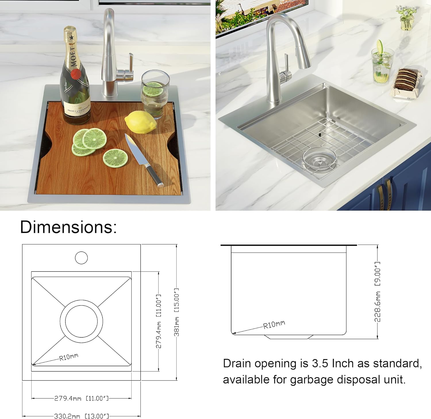 13" x 15" Inch 18 Gauge Stainless Steel Drop in Kitchen Bar Sink