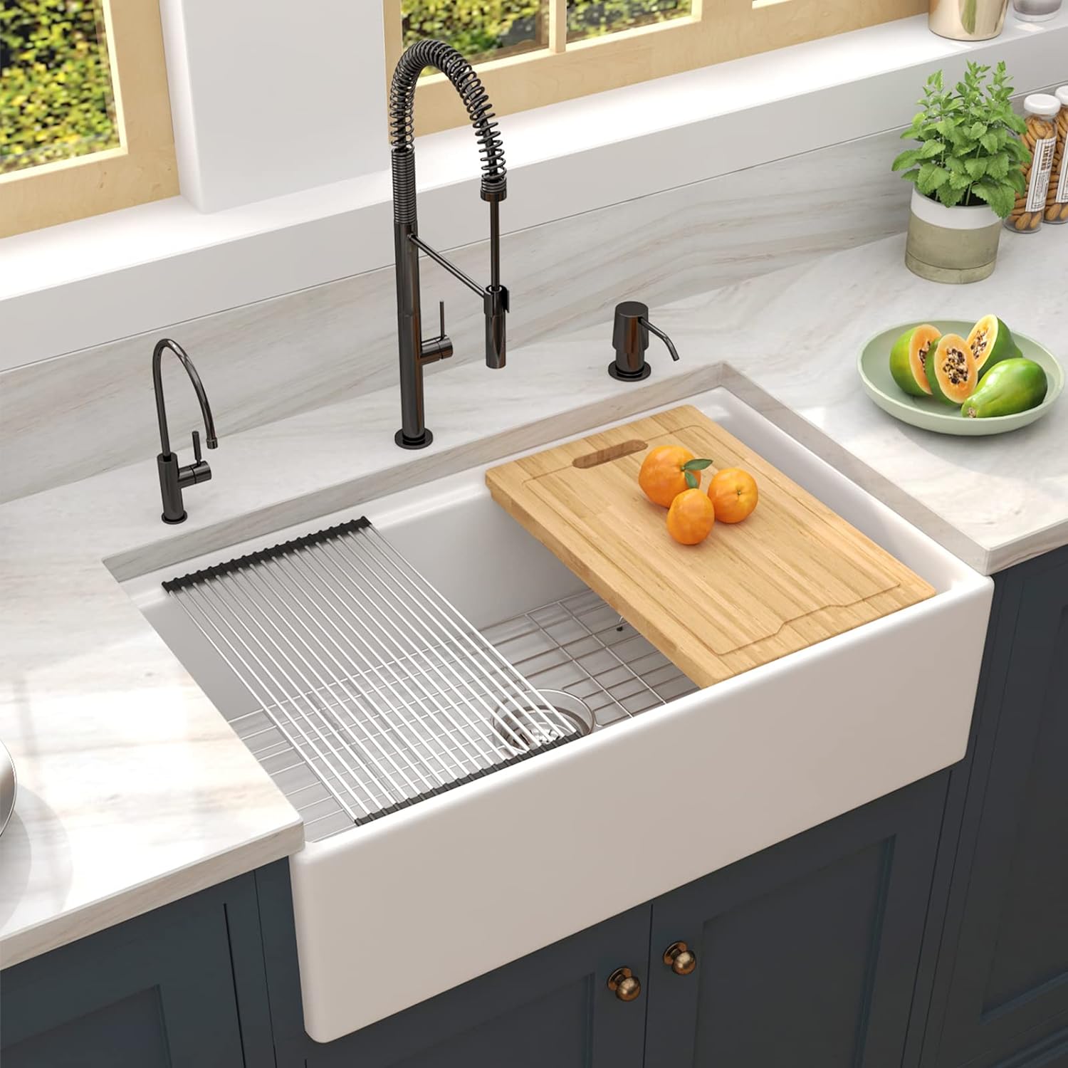 33" x 20" x 10" White Farmhouse Sink, Fireclay Porcelain Single Bowl Apron-Front Workstation Sink, Reversible Ceramic Farm Sink with various accessories