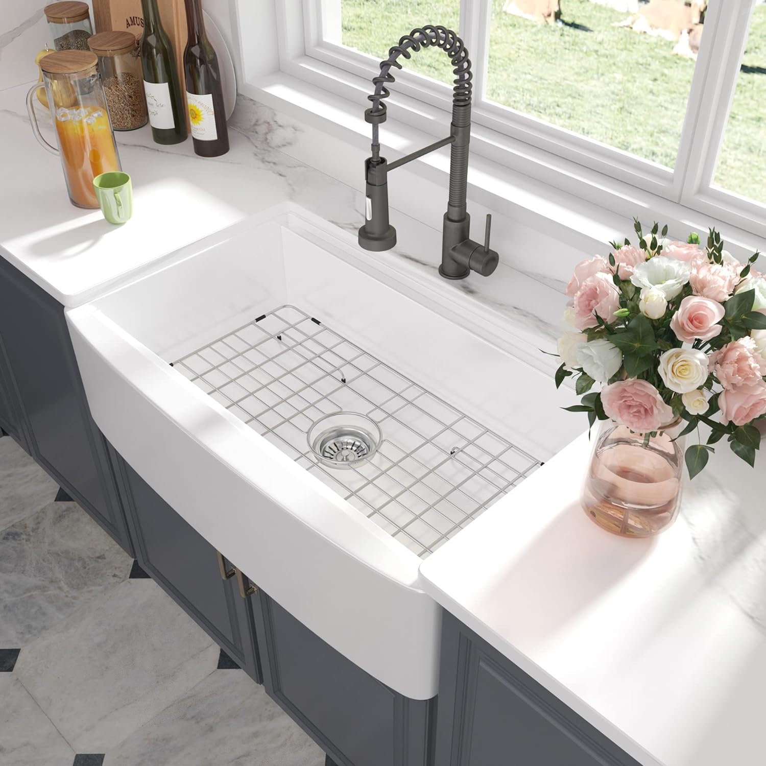 33" x 21" Workstation Apron Front Farm Kitchen Sink White Ceramic Porcelain Single Bowl Farm Sink Extra Deep Wide Curved Front Undermount Farm Sinks