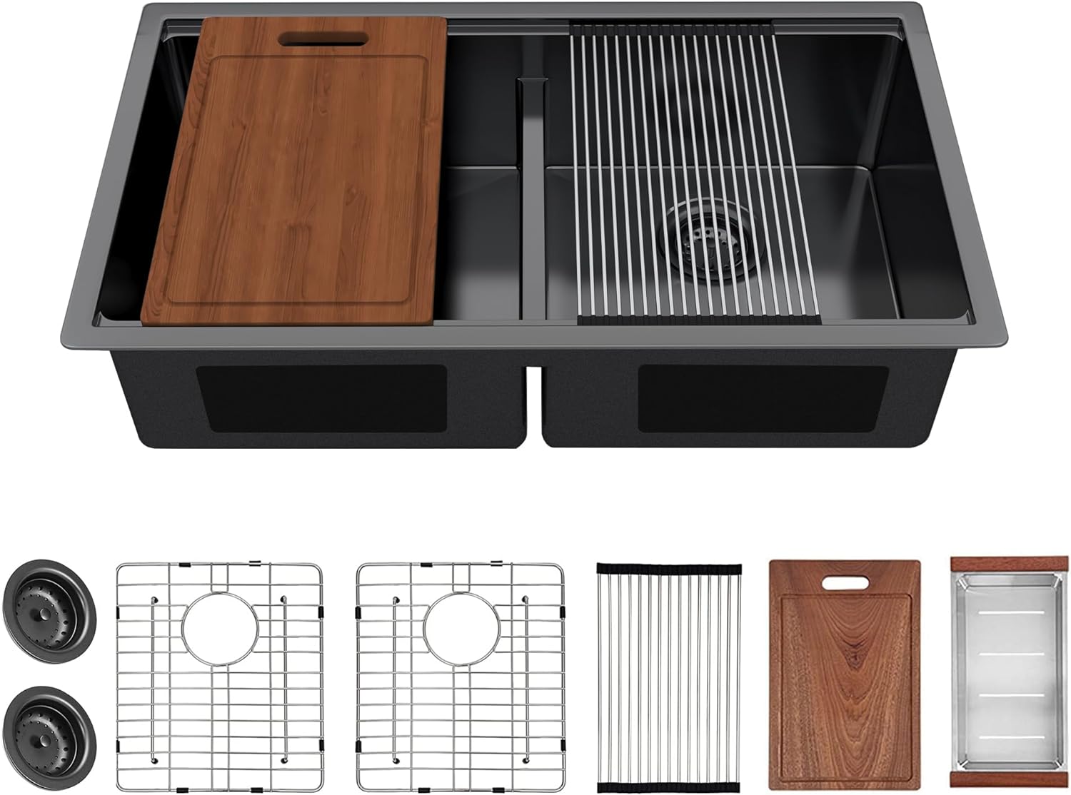 33" x 19" Black Undermount 50/50 Double Bowl Kitchen Sink,Gunmetal Black Undermount Workstation, Stainless Steel 16 Gauge Kitchen Sink and Accessories