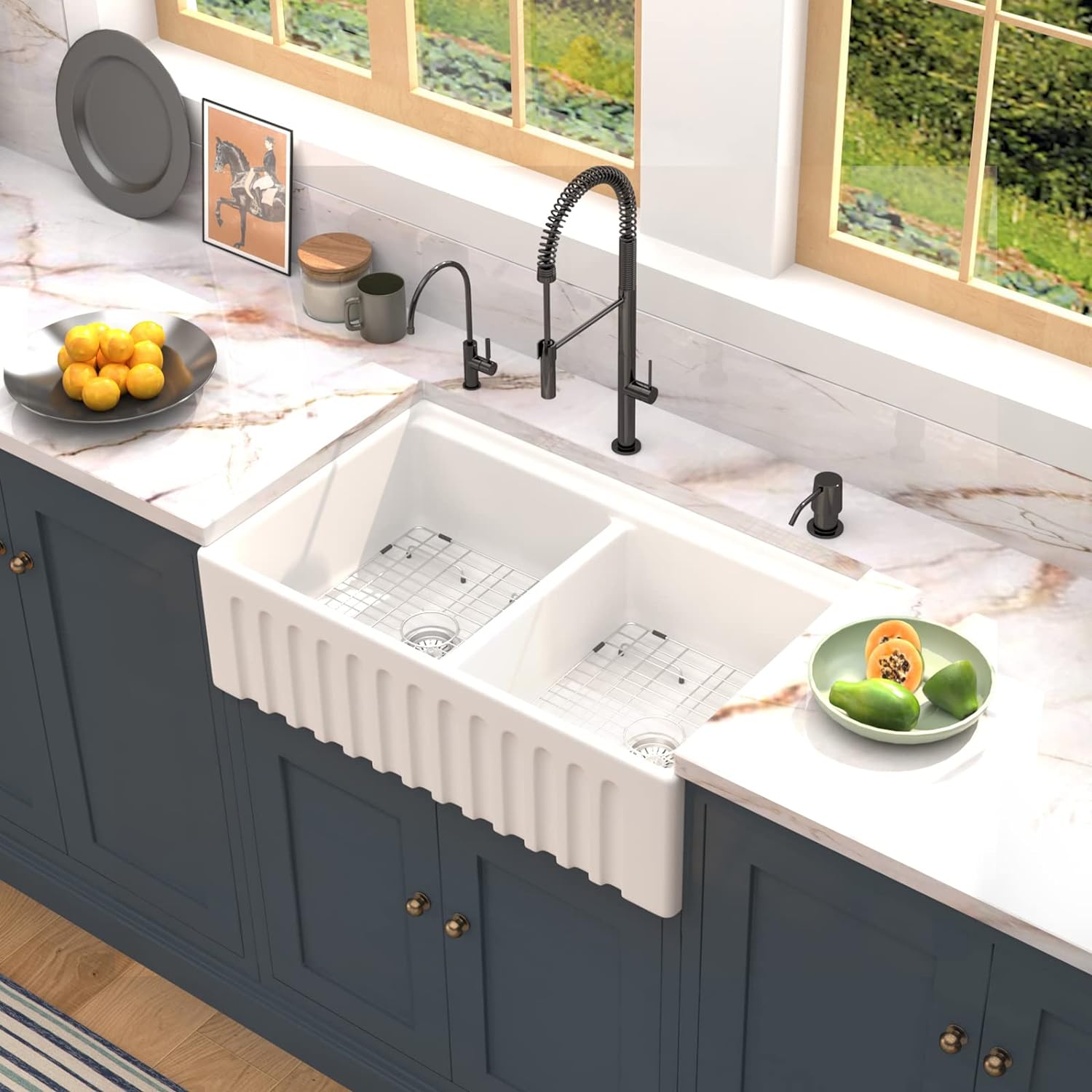 33" x 20" x 10" Double Bowl White Farmhouse Sink, Porcelain Fireclay Ceramic Apron-Front Kitchen Sink, Farm Sink with various accessories