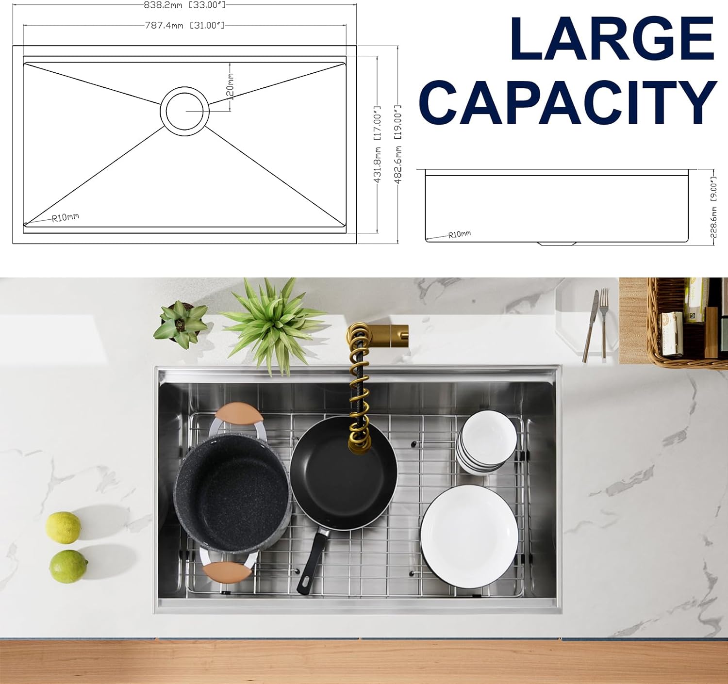 33"x19" Inch Undermount Kitchen Sink, 18 Gauge Single Bowl Stainless Steel Kitchen Sink