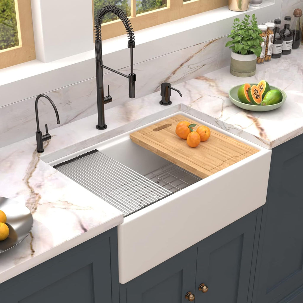 30" x 20" x 10" White Farmhouse Sink, Fireclay Porcelain Single Bowl Apron-Front Workstation Sink, Reversible Ceramic Farm Sink with various