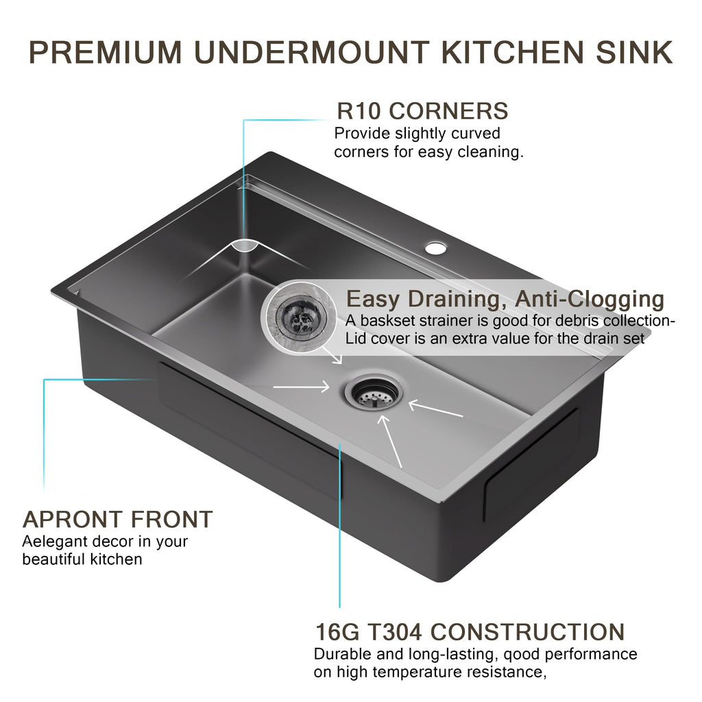 33"x22"x10" Black Drop-In Workstation Sink 16 Gauge Stainless Steel, Topmount Single Bowl Kitchen Sink with Cutting Board, Colander, Drying Rack & Accessories (Faucet Not Included)