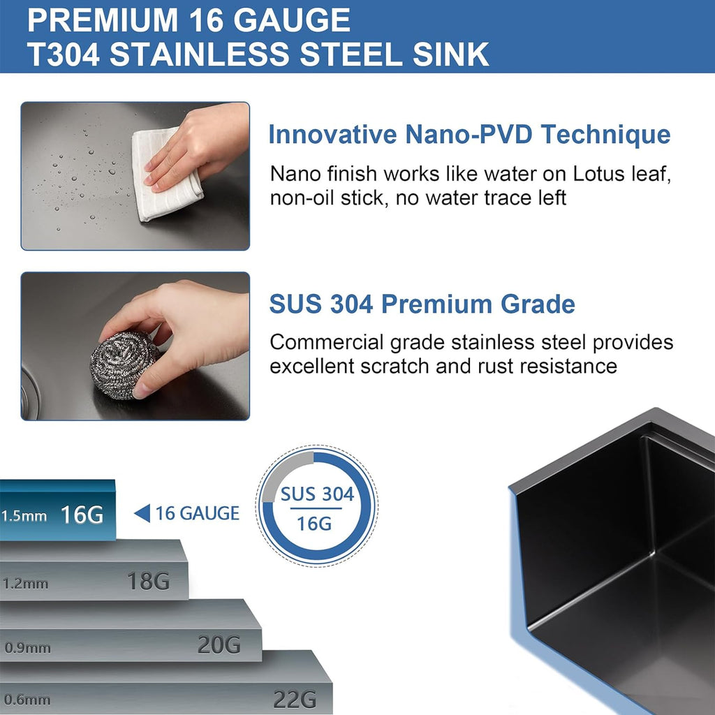 33" x 19" Gunmetal Black Stainless Steel Undermount Kitchen Sink, 33x19 Handmade 16 Gauge Single Bowl Workstation Sink, 10 Inch Deep All in One Kitchen Sink is equipped with various accessories