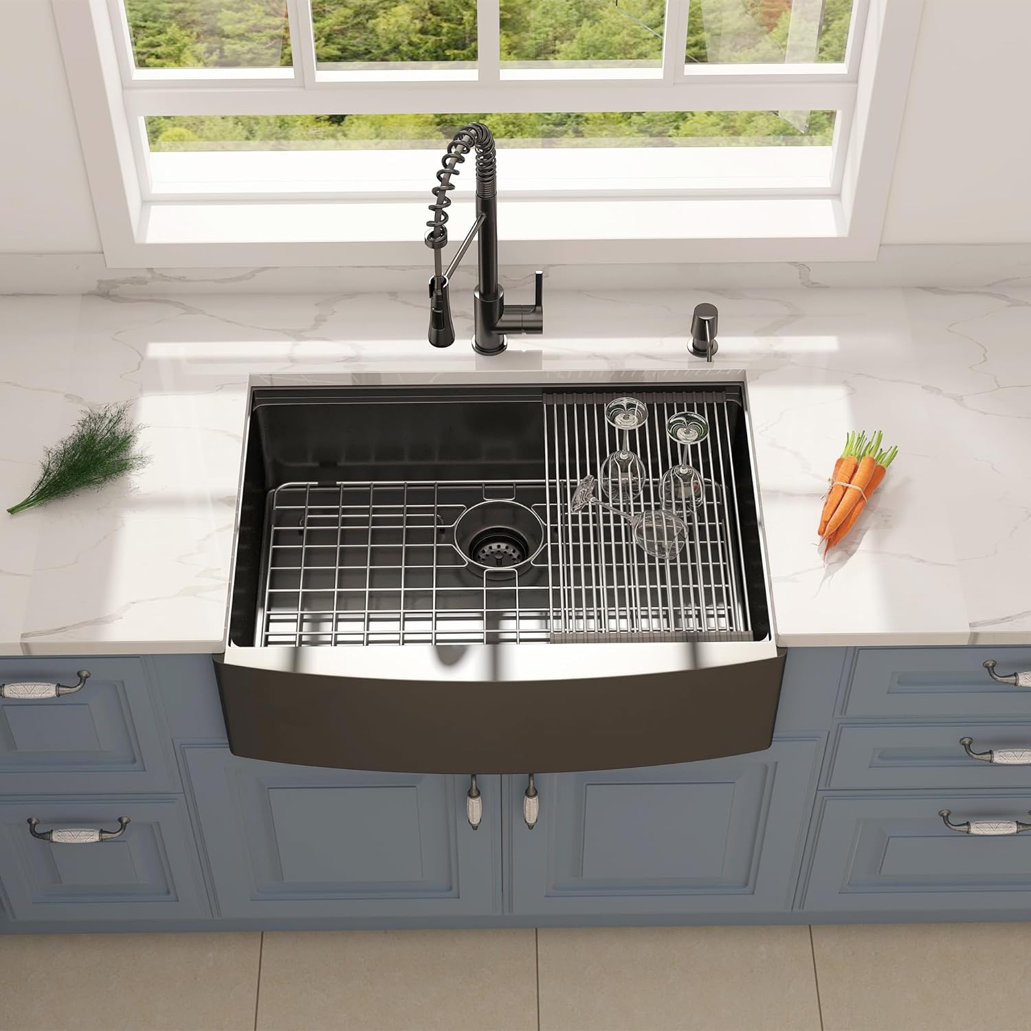 30" x 22" Gunmetal Black Farmhouse Workstation Sink, Handmade Apron-Front Stainless Steel Kitchen Sink R10 Radius 16 Gauge Single 10 inch Deep Basin Farm Luxury Sink