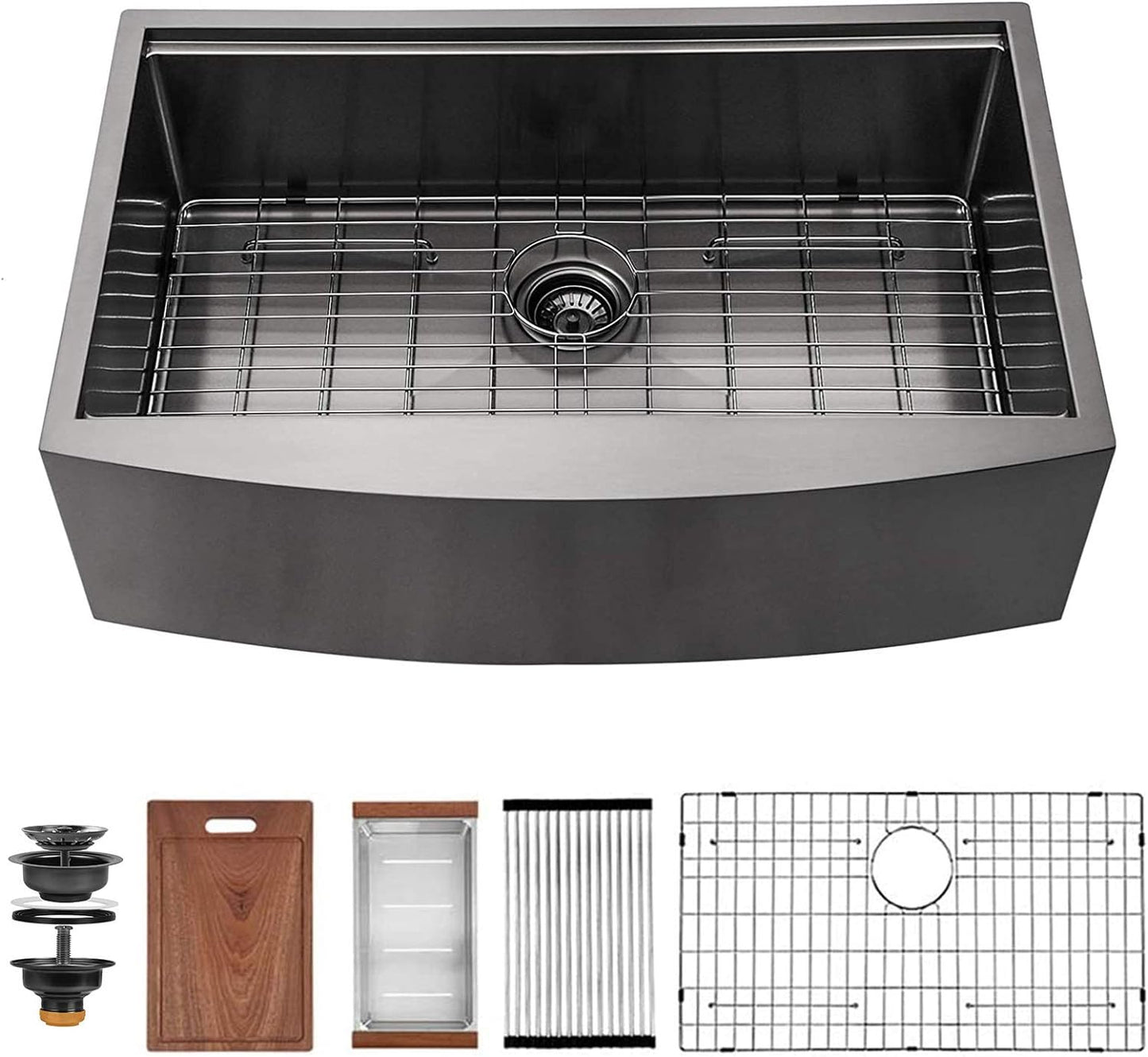 33" x 22" Gunmetal Black Farmhouse Sink, Single Bowl Stainless Steel Workstation Kitchen Sink 16 Gauge, Deep Handmade R10 Radius