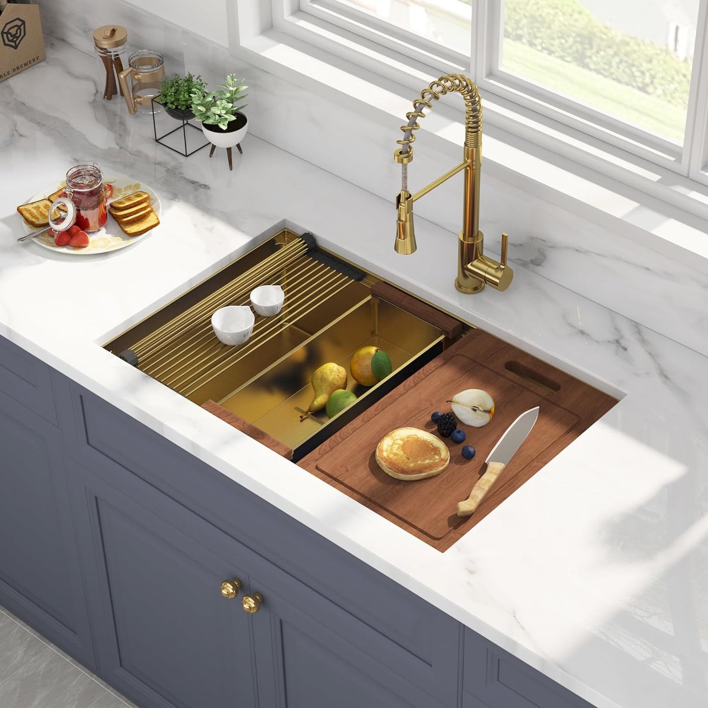 30" x 19" Gold Undermount Workstation Kitchen Sink, 16 Gauge R10 Tight Radius Stainless Steel Single Bowl Kitchen Sink with Integrated Ledge and Accessories