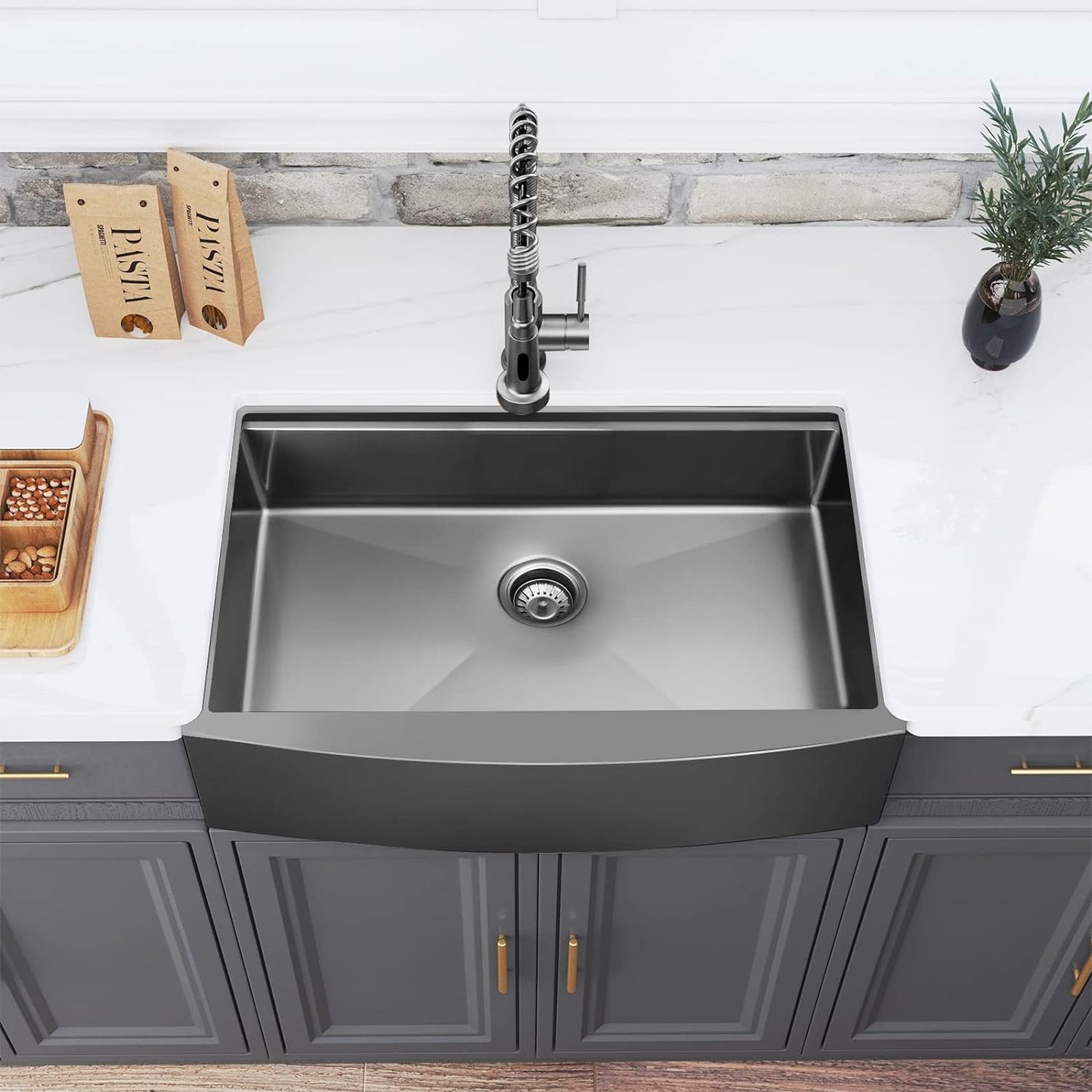 33" x 22" Gunmetal Black Farmhouse Sink, Single Bowl Stainless Steel Workstation Kitchen Sink 16 Gauge, Deep Handmade R10 Radius