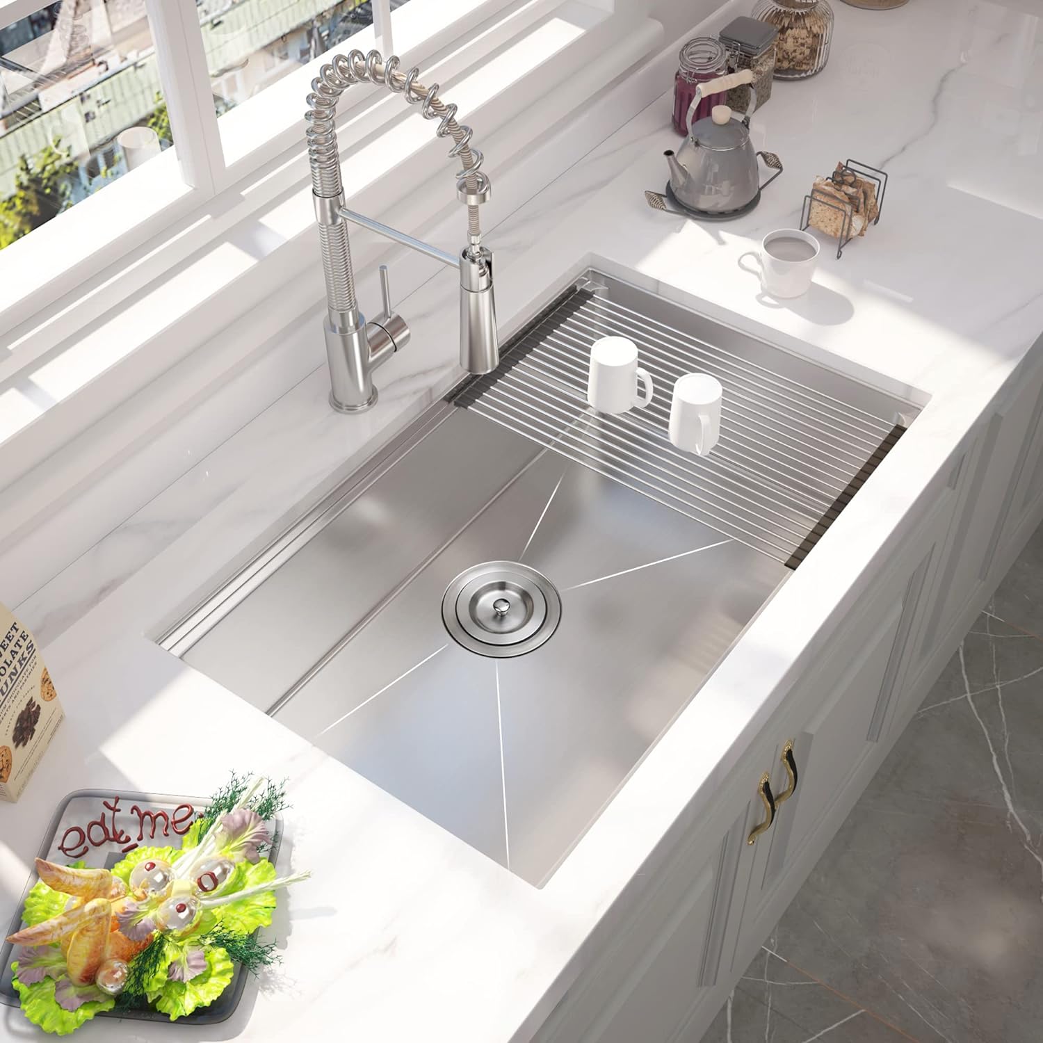 32" x 19" Undermount Workstation Kitchen Sink, Handmade Stainless Steel 18 Gauge Single Bowl R10 Tight Radius Kitchen Sink Integrated Ledge and Accessories (Pack of 5), 32"x19"