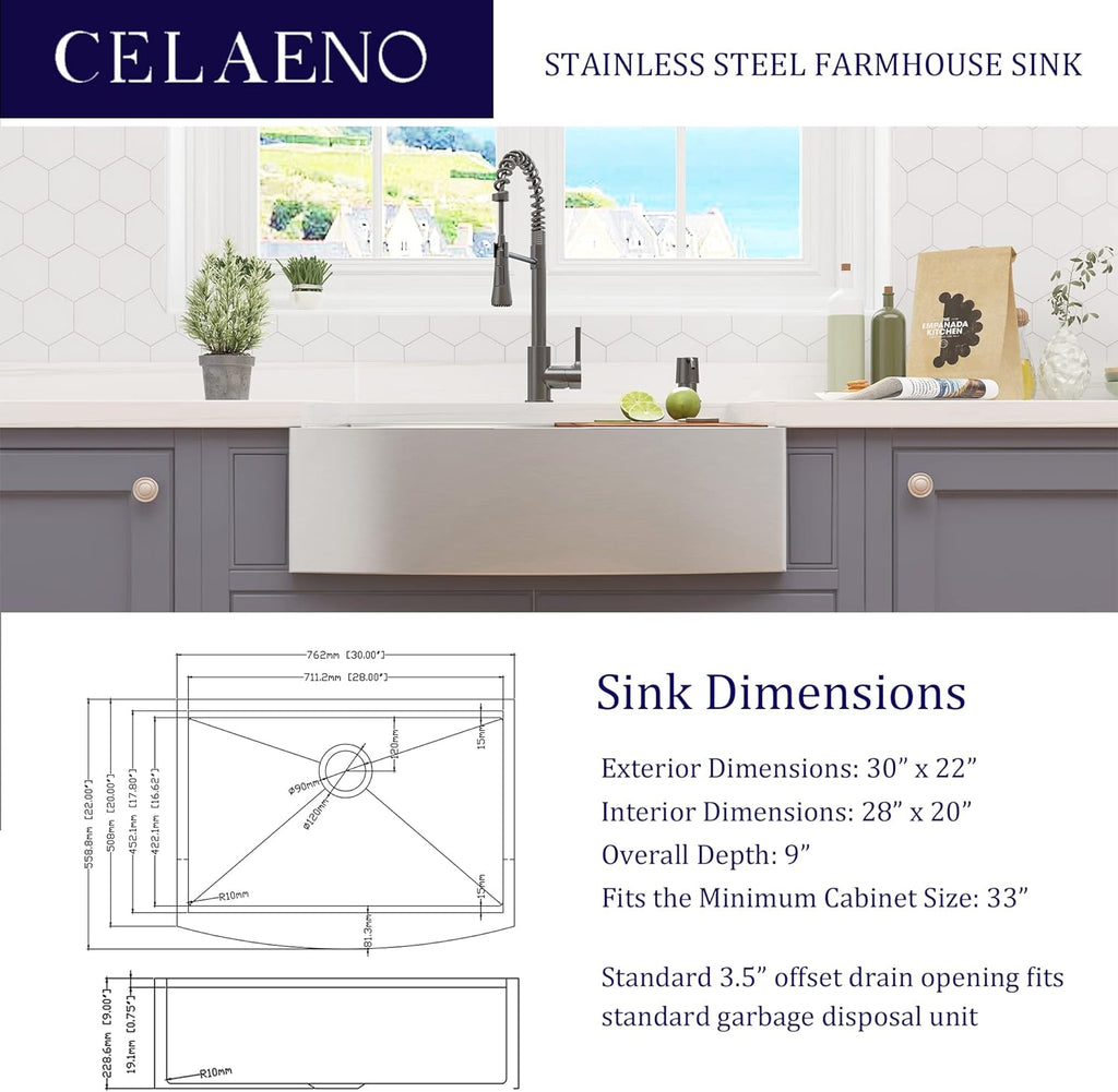 30" x 22" Inch 18 Gauge Single Bowl Stainless Steel Farmhouse Sink
