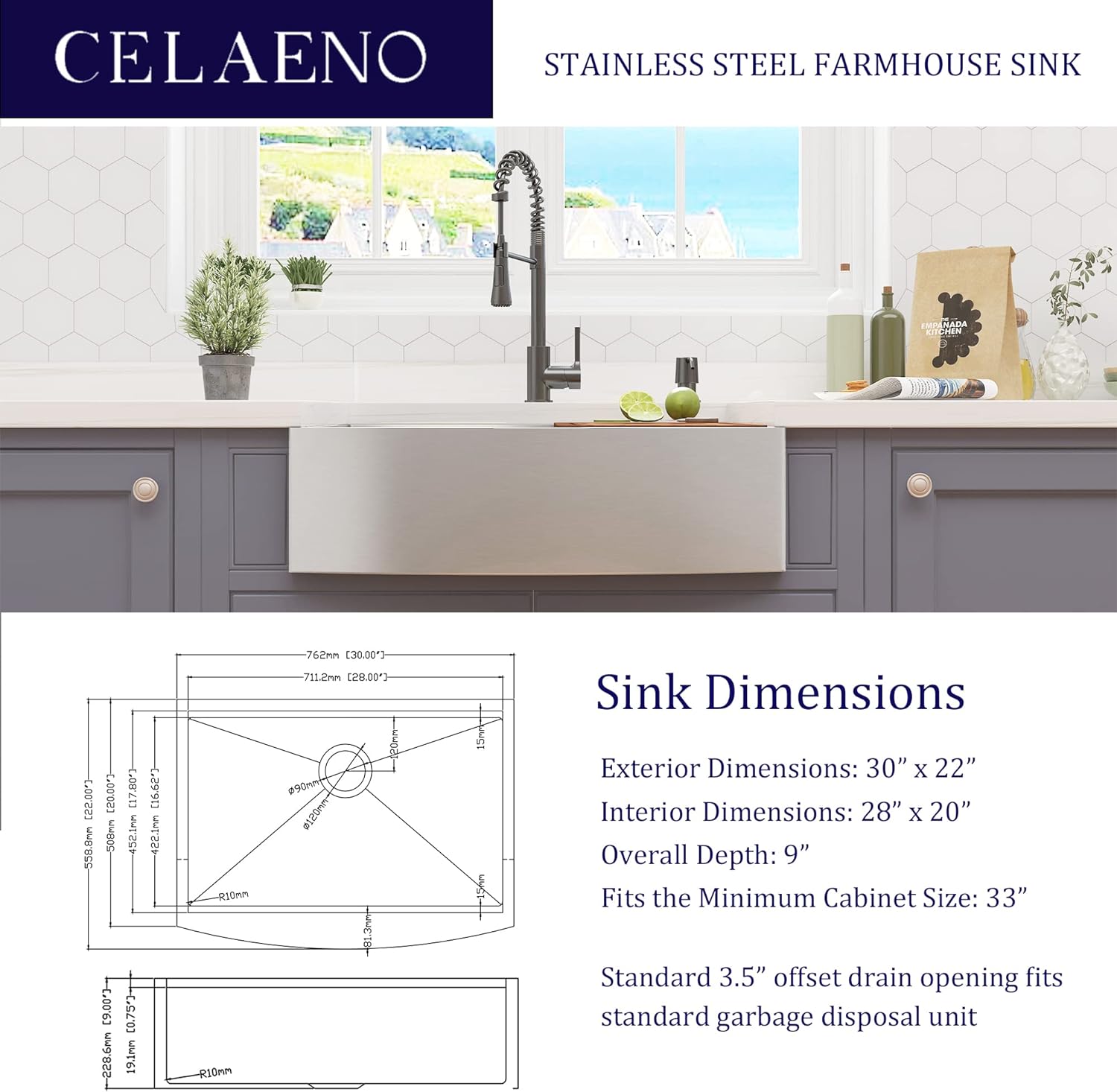 30" x 22" Inch 18 Gauge Single Bowl Stainless Steel Farmhouse Sink