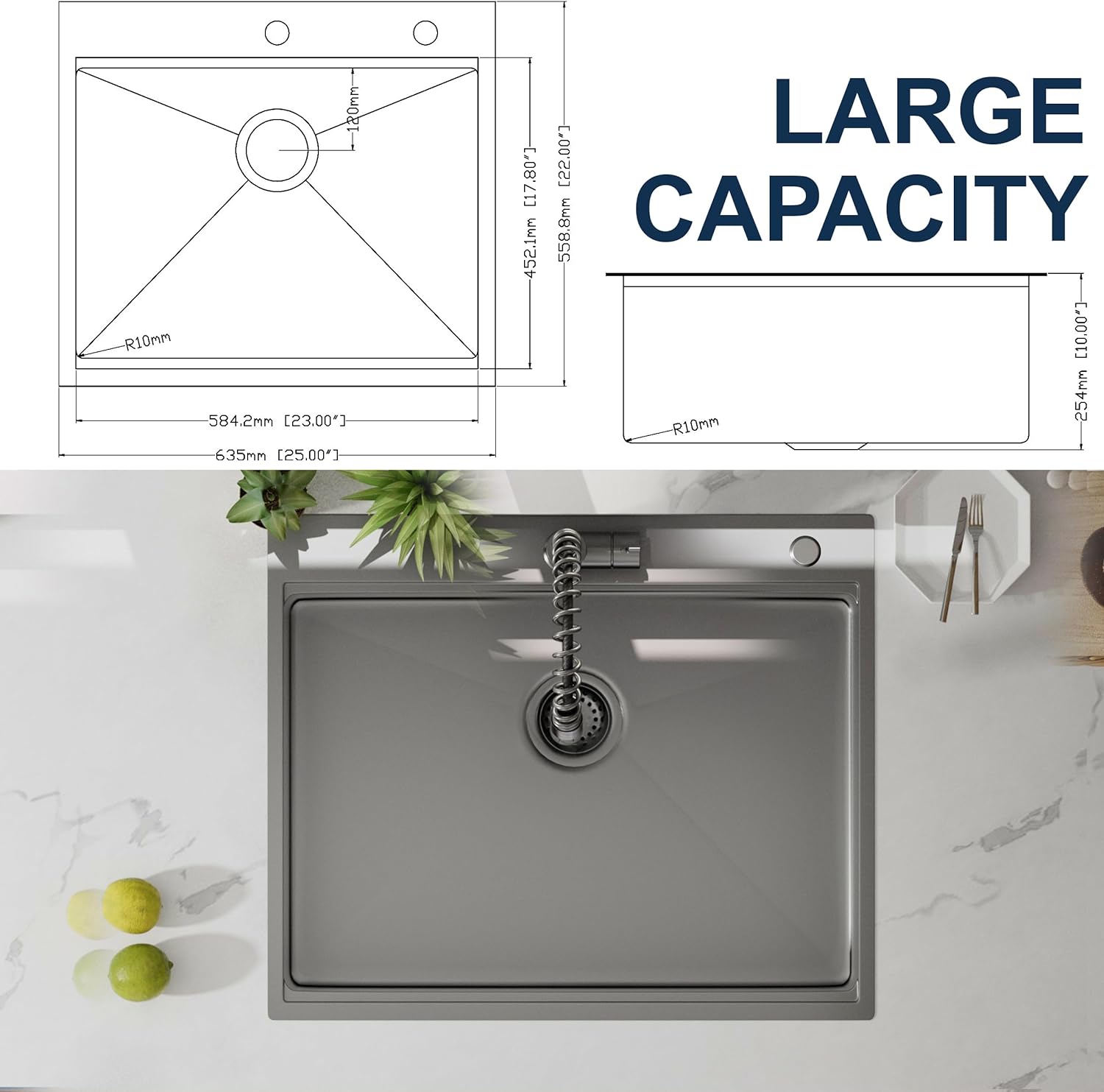 25" x 22" Inch 16 Gauge Black Stainless Steel Drop in Kitchen Sink