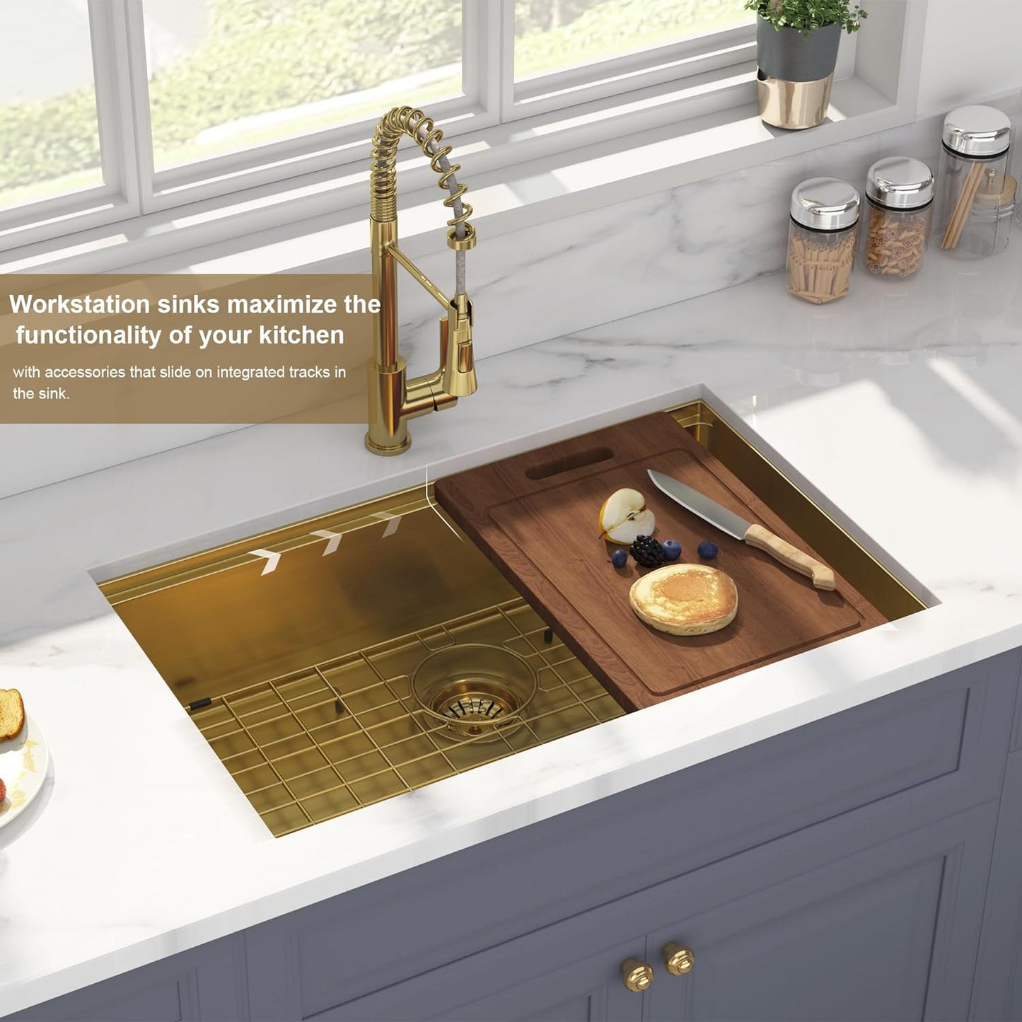 30" x 19" Gold Undermount Workstation Kitchen Sink, 16 Gauge R10 Tight Radius Stainless Steel Single Bowl Kitchen Sink with Integrated Ledge and Accessories