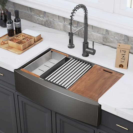 33" x 22" Gunmetal Black Farmhouse Sink, Single Bowl Stainless Steel Workstation Kitchen Sink 16 Gauge, Deep Handmade R10 Radius