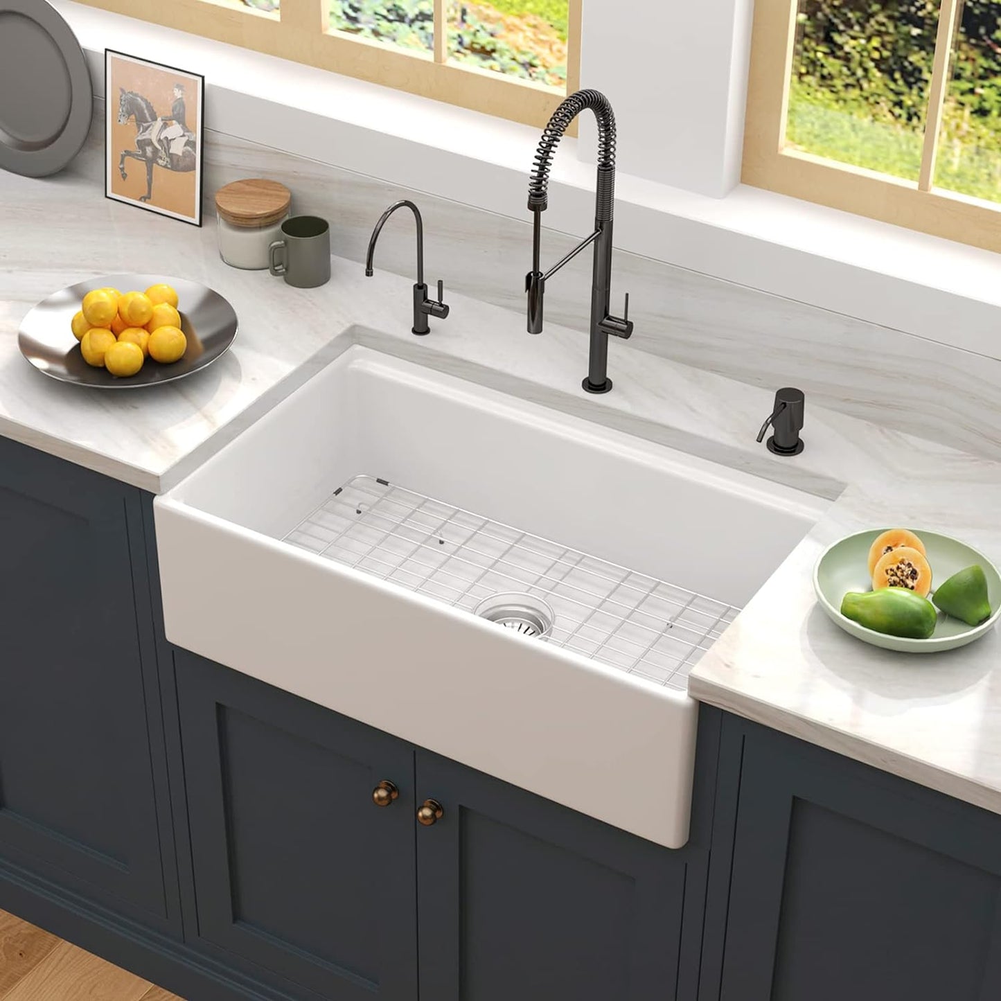 33" x 20" x 10" White Farmhouse Sink, Fireclay Porcelain Single Bowl Apron-Front Workstation Sink, Reversible Ceramic Farm Sink with various accessories