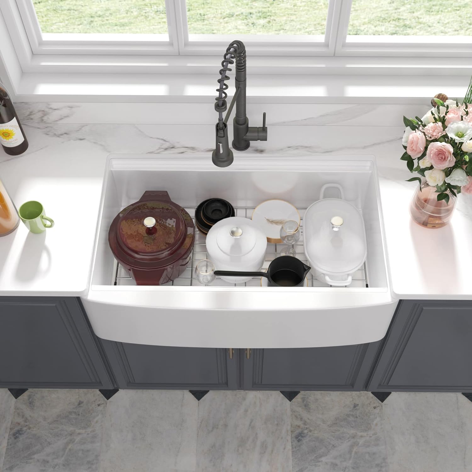 33" x 21" Workstation Apron Front Farm Kitchen Sink White Ceramic Porcelain Single Bowl Farm Sink Extra Deep Wide Curved Front Undermount Farm Sinks