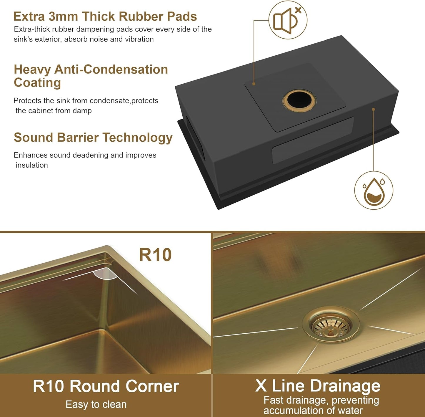 30" x 19" Gold Undermount Workstation Kitchen Sink, 16 Gauge R10 Tight Radius Stainless Steel Single Bowl Kitchen Sink with Integrated Ledge and Accessories
