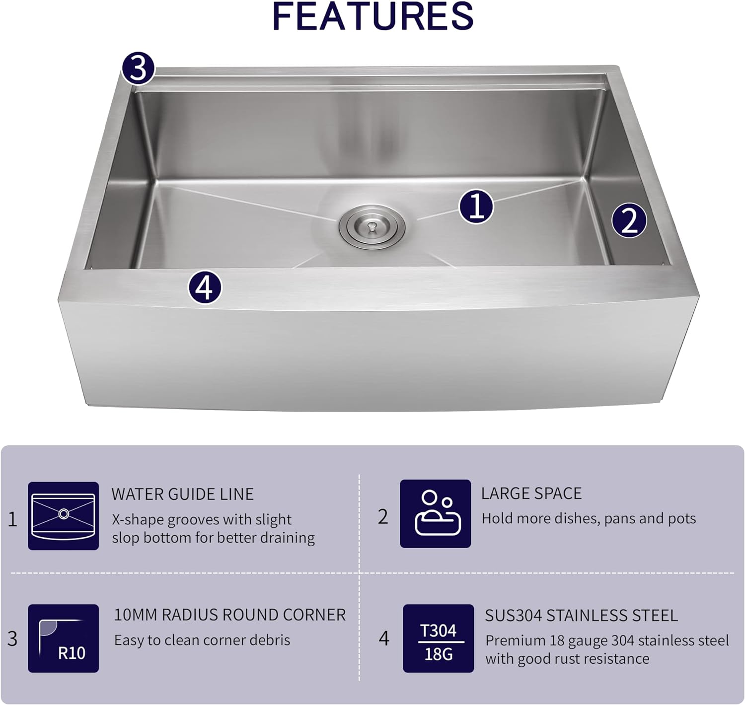 30" x 22" Inch 18 Gauge Single Bowl Stainless Steel Farmhouse Sink