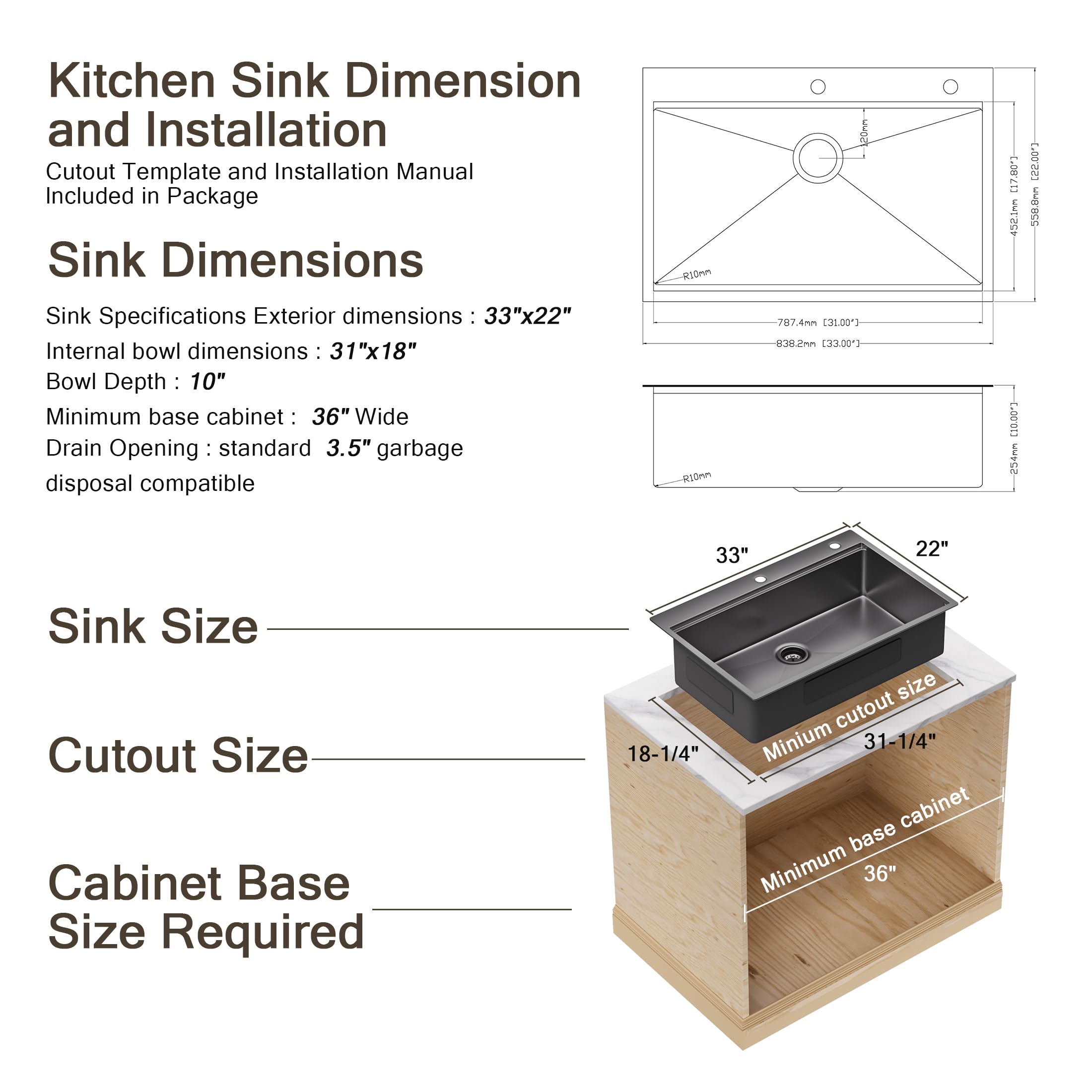 33"x22"x10" Black Drop-In Workstation Sink 16 Gauge Stainless Steel, Topmount Single Bowl Kitchen Sink with Cutting Board, Colander, Drying Rack & Accessories (Faucet Not Included)