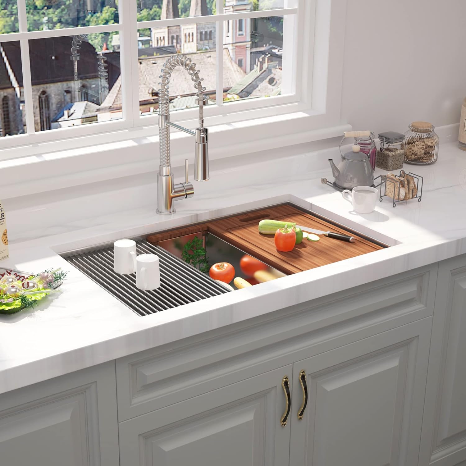 32" x 19" Undermount Workstation Kitchen Sink, Handmade Stainless Steel 18 Gauge Single Bowl R10 Tight Radius Kitchen Sink Integrated Ledge and Accessories (Pack of 5), 32"x19"