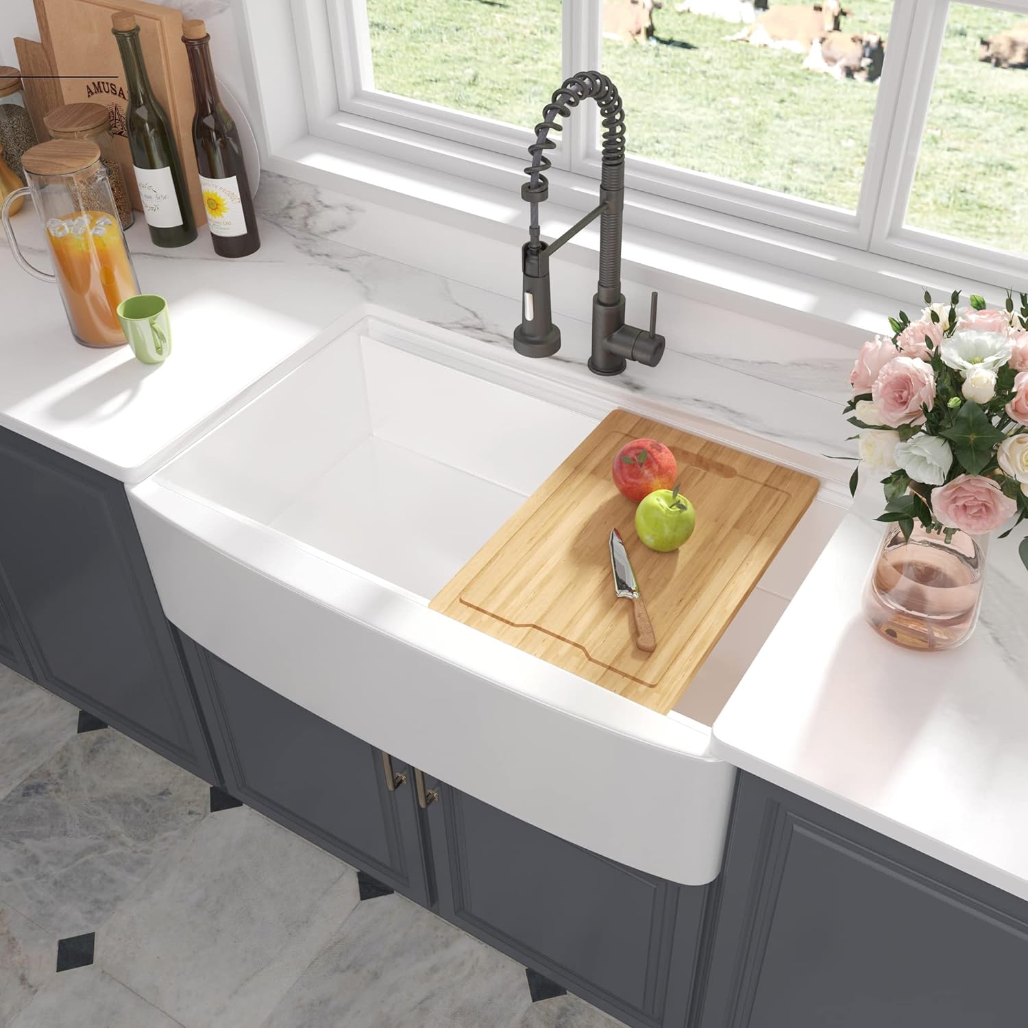 33" x 21" Workstation Apron Front Farm Kitchen Sink White Ceramic Porcelain Single Bowl Farm Sink Extra Deep Wide Curved Front Undermount Farm Sinks