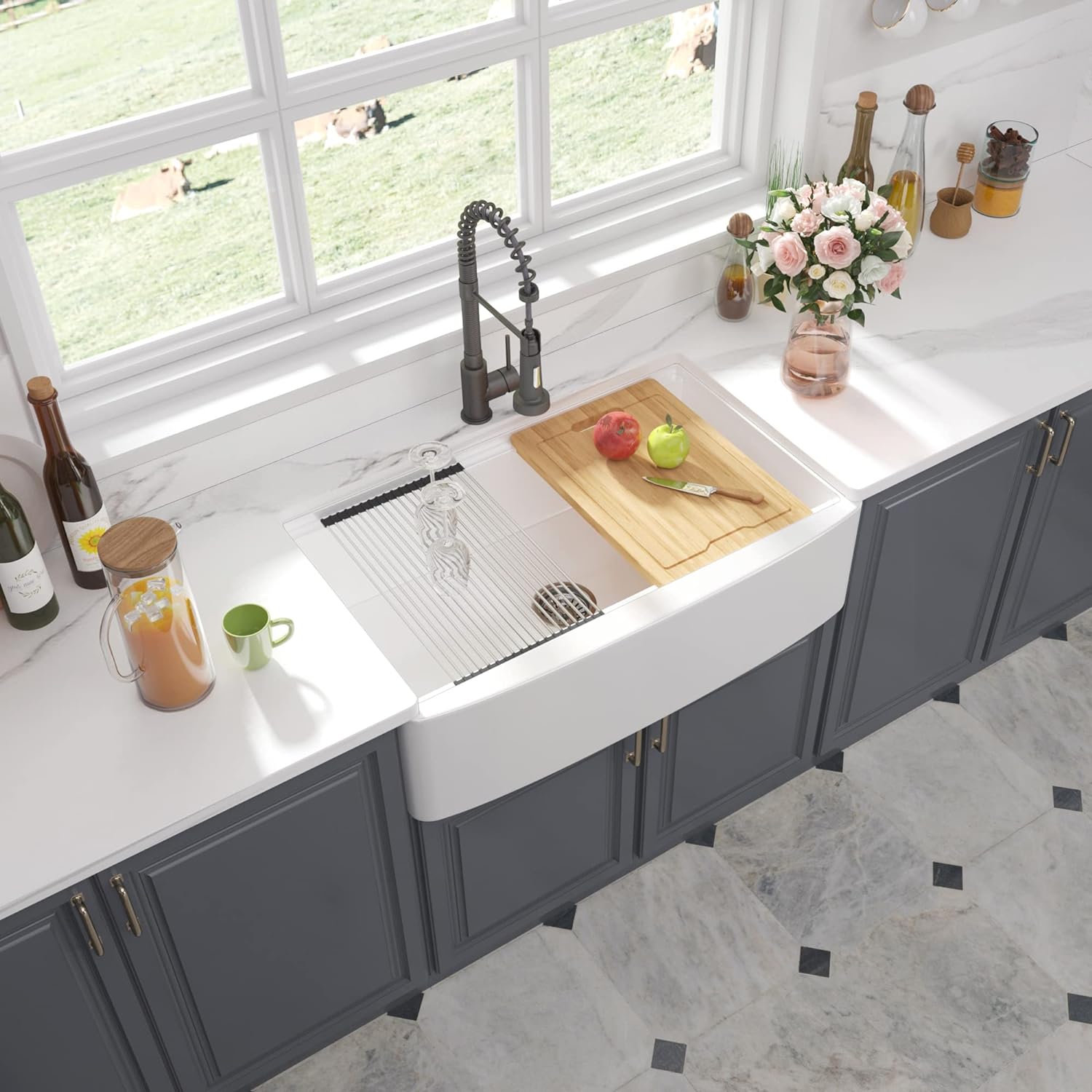 33" x 21" Workstation Apron Front Farm Kitchen Sink White Ceramic Porcelain Single Bowl Farm Sink Extra Deep Wide Curved Front Undermount Farm Sinks