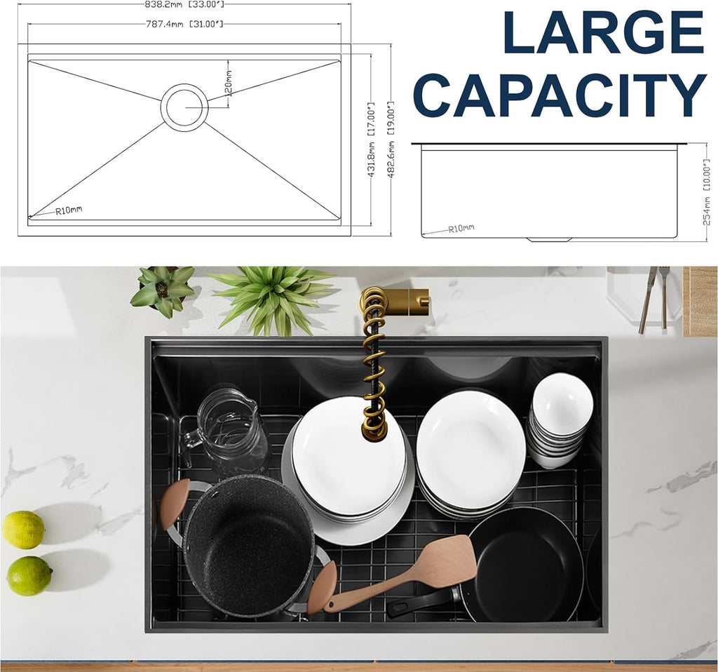 33" x 19" Gunmetal Black Stainless Steel Undermount Kitchen Sink, 33x19 Handmade 16 Gauge Single Bowl Workstation Sink, 10 Inch Deep All in One Kitchen Sink is equipped with various accessories